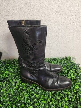 Dries Van Noten black leather mid-calf boots Laser-cut Floral 36.5/6.5